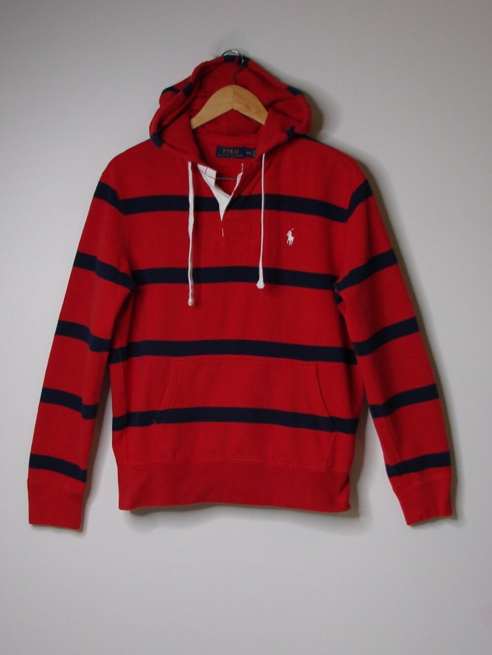 Polo Ralph Lauren Striped Hoodie Sweatshirt Fleece Pony Red Navy Rugby Medium